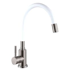 Смеситель для кухни 35 карт.  GOLDEN FOX LOMOND  с бок. ручкой, гибкий излив, белый, нерж, сатин