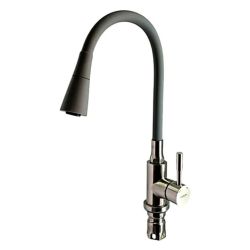 Смеситель для кухни 35 карт.  LEDEME  с бок. ручкой, гибкий излив, серый+нерж