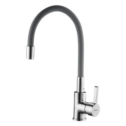 Смеситель для кухни 35 карт.  LEDEME  с бок. ручкой, гибкий излив, серый+хром