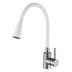 Смеситель для кухни 35 карт.  АНТЕЙ МАРМЕЛАД  с бок. ручкой, гибкий излив, белый, нерж, сатин