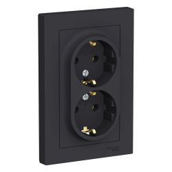 Розетка 2-ая с/п с/з  SCHNEIDER ELECTRIC ATLAS DESIGN Карбон