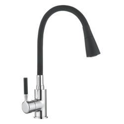 Смеситель для кухни 35 карт.  LEDEME  с бок. ручкой, гибкий излив, черный+хром