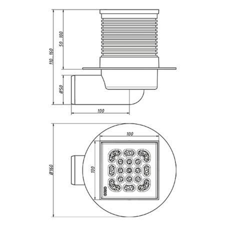Трап   50 угловой нерж. 100х100мм гидрозатвор, рег. решетка  ОРИО