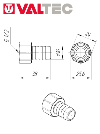 Переход для р.шл.    1/2"г - 16 ник  VALTEC