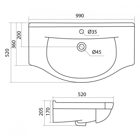 Умывальник мебельный белый ЭЛЬБРУС 100 c отв. 990х205х520  SANTEK