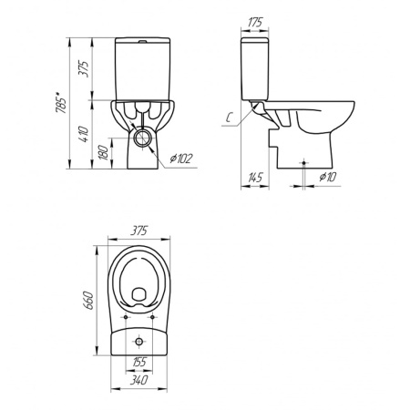 Унитаз белый NATURE компакт, сиденье дюропласт, микролифт, безободковый 660х375х785  CERSANIT