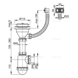 Сифон 3 1/2"  ALCAPLAST нерж. с переливом