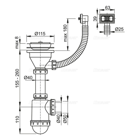 Сифон 3 1/2"  ALCAPLAST нерж. с переливом