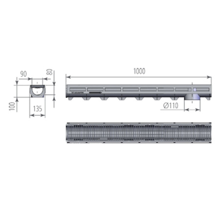 Лоток водоотводный пластиковый D  90 1000х135х100мм с пластиковой решеткой AQUA-TOP  AQUASTOK