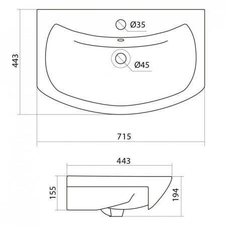 Умывальник мебельный белый БАЛТИКА 70 c отв. 700х190х443  SANTEK
