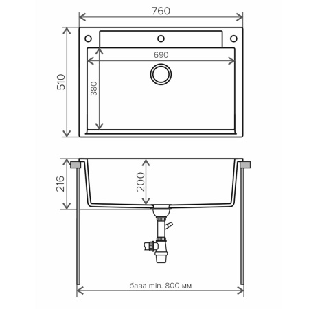 Мойка иск мрамор накладная 510 х 760 х 216мм белый хлопок ARGO  POLYGRAN