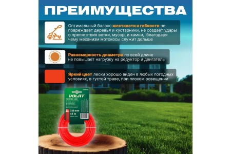 Леска для триммера 3,0мм, 15м (квадрат)  ВОЛАТ