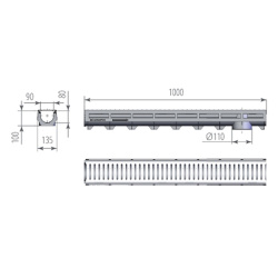 Лоток водоотводный пластиковый D  90 1000х135х100мм с оцинкованной решеткой AQUA-TOP  AQUASTOK
