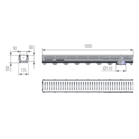 Лоток водоотводный пластиковый D  90 1000х135х100мм с оцинкованной решеткой AQUA-TOP  AQUASTOK