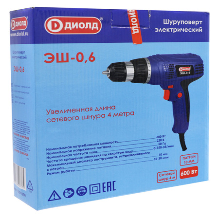 Дрель-шуруповерт  ДИОЛД ЭШ-0,6 (мощ.600 Вт, крут. мом. 20Нм, максим.диам.шуруп.6 мм)